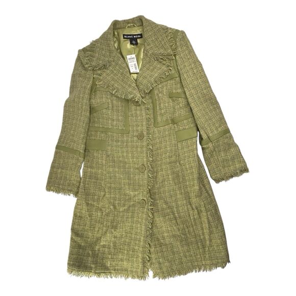 90s Blanc Noir Wool Blend Coat  Green Plaid Tweed Fringe Lightweight Juniors L - Picture 3 of 16